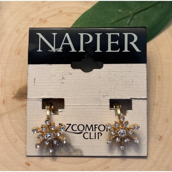 Napier Gold-Tone Snowflake Clip-On Earrings With Clear Crystal Accents - Picture 1 of 10